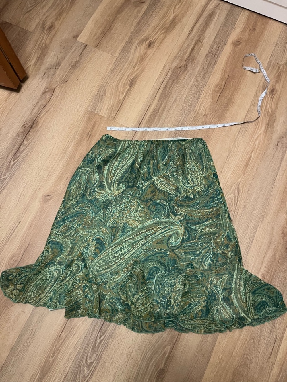 Women's Green Paisley Midi Skirt with Ruffle Hem